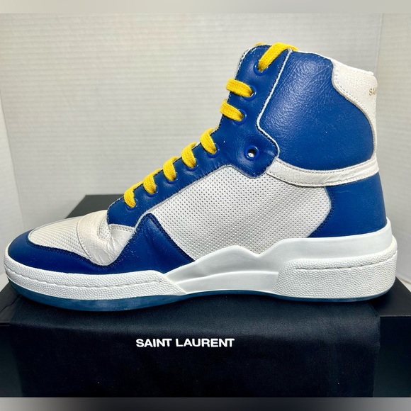 NEW SAINT LAURENT YSL SL/24 LEATHER SNEAKERS MID TOP WHITE BLUE SZ 42 61… - Picture 3 of 16